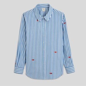 Clare V. x Monoprix Button Up Shirt Blue & White Stripes with Poppy Lips